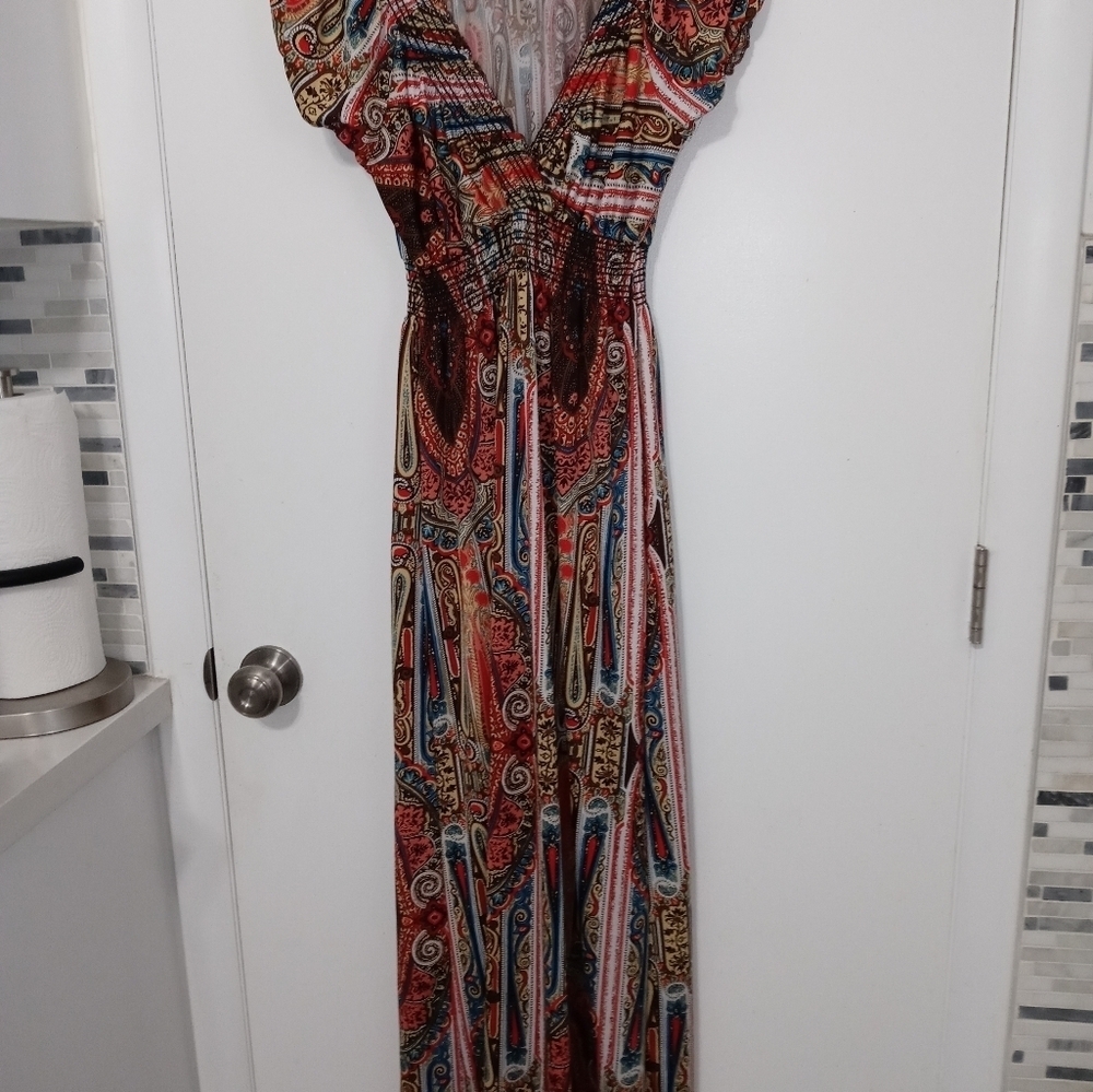 LAPAGEE PAISLEY LONGLINE CROSSOVER V NECK SMOCKED WAIST PRAIRIE STYLE DRESS M - Picture 12 of 15